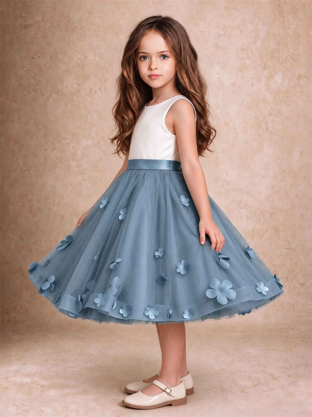 3D Floral Tulle Flower Girl Dress Sleeveless Satin Bow Back Wedding Guest Party Dress