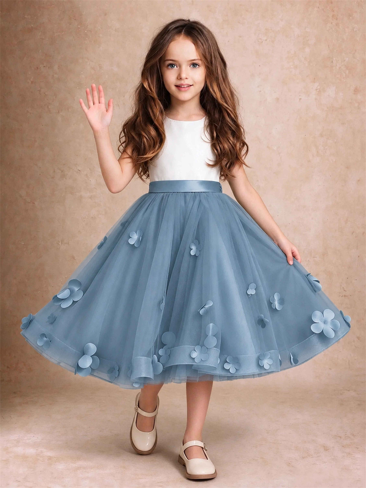 3D Floral Tulle Flower Girl Dress Sleeveless Satin Bow Back Wedding Guest Party Dress