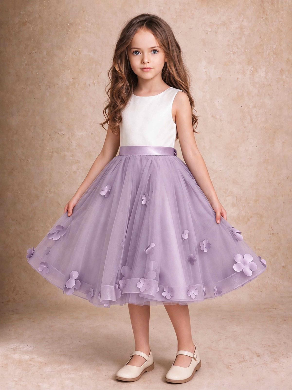 3D Floral Tulle Flower Girl Dress Sleeveless Satin Bow Back Wedding Guest Party Dress