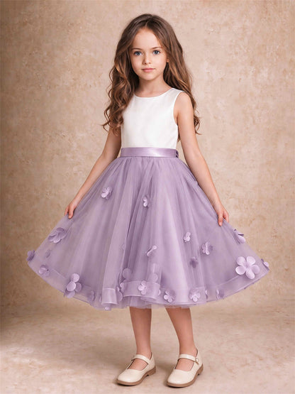 3D Floral Tulle Flower Girl Dress Sleeveless Satin Bow Back Wedding Guest Party Dress