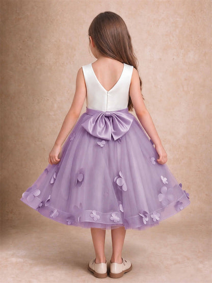 3D Floral Tulle Flower Girl Dress Sleeveless Satin Bow Back Wedding Guest Party Dress