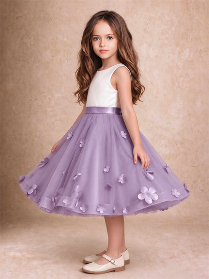 3D Floral Tulle Flower Girl Dress Sleeveless Satin Bow Back Wedding Guest Party Dress