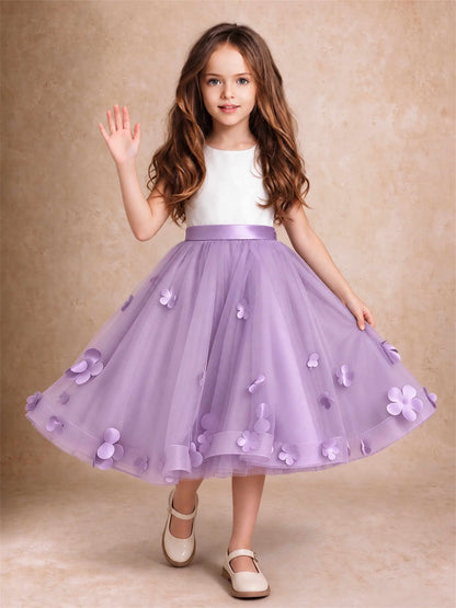 3D Floral Tulle Flower Girl Dress Sleeveless Satin Bow Back Wedding Guest Party Dress