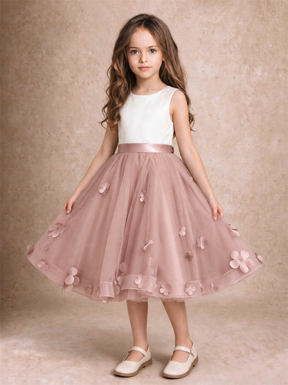 3D Floral Tulle Flower Girl Dress Sleeveless Satin Bow Back Wedding Guest Party Dress