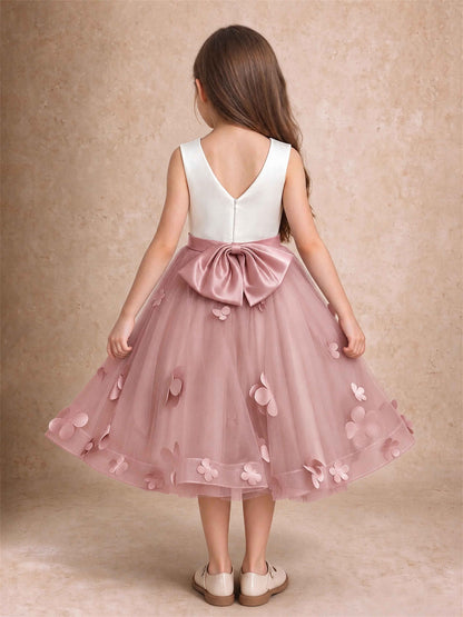 3D Floral Tulle Flower Girl Dress Sleeveless Satin Bow Back Wedding Guest Party Dress