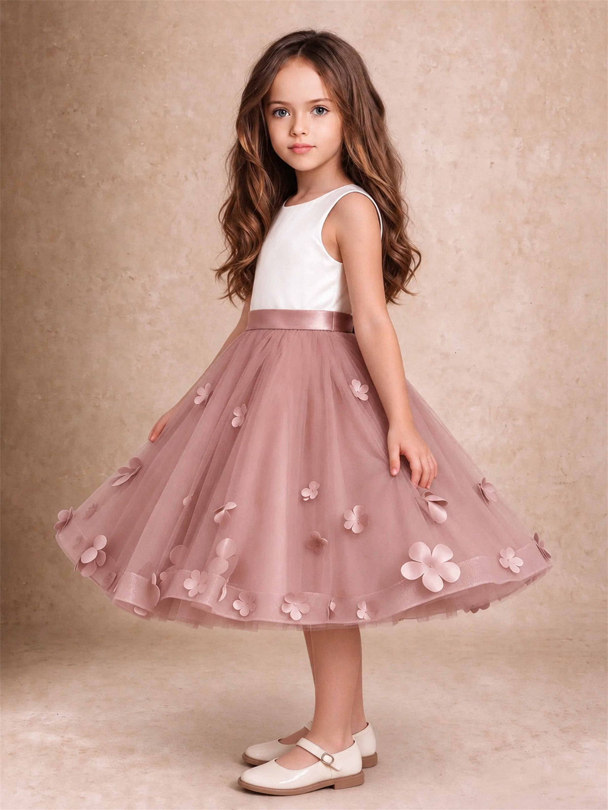 3D Floral Tulle Flower Girl Dress Sleeveless Satin Bow Back Wedding Guest Party Dress