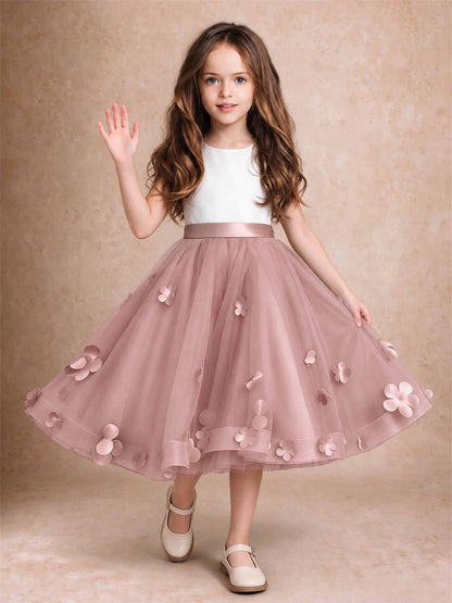 3D Floral Tulle Flower Girl Dress Sleeveless Satin Bow Back Wedding Guest Party Dress