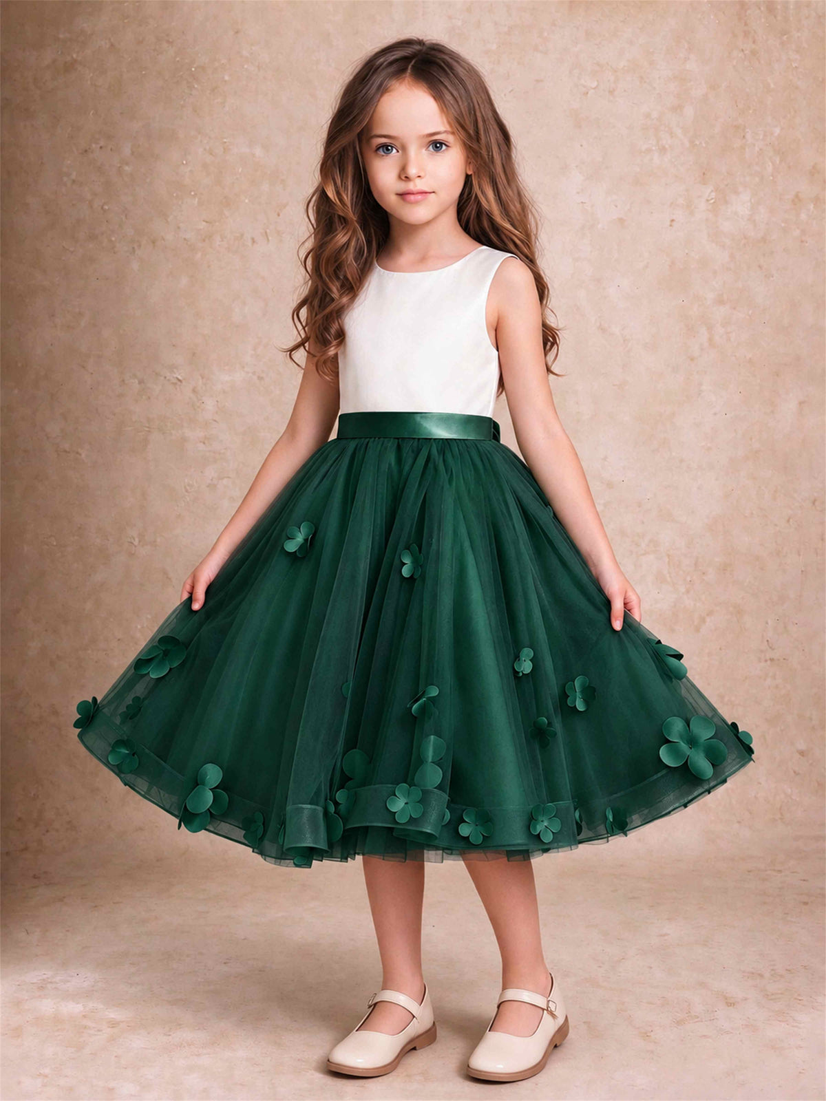 3D Floral Tulle Flower Girl Dress Sleeveless Satin Bow Back Wedding Guest Party Dress