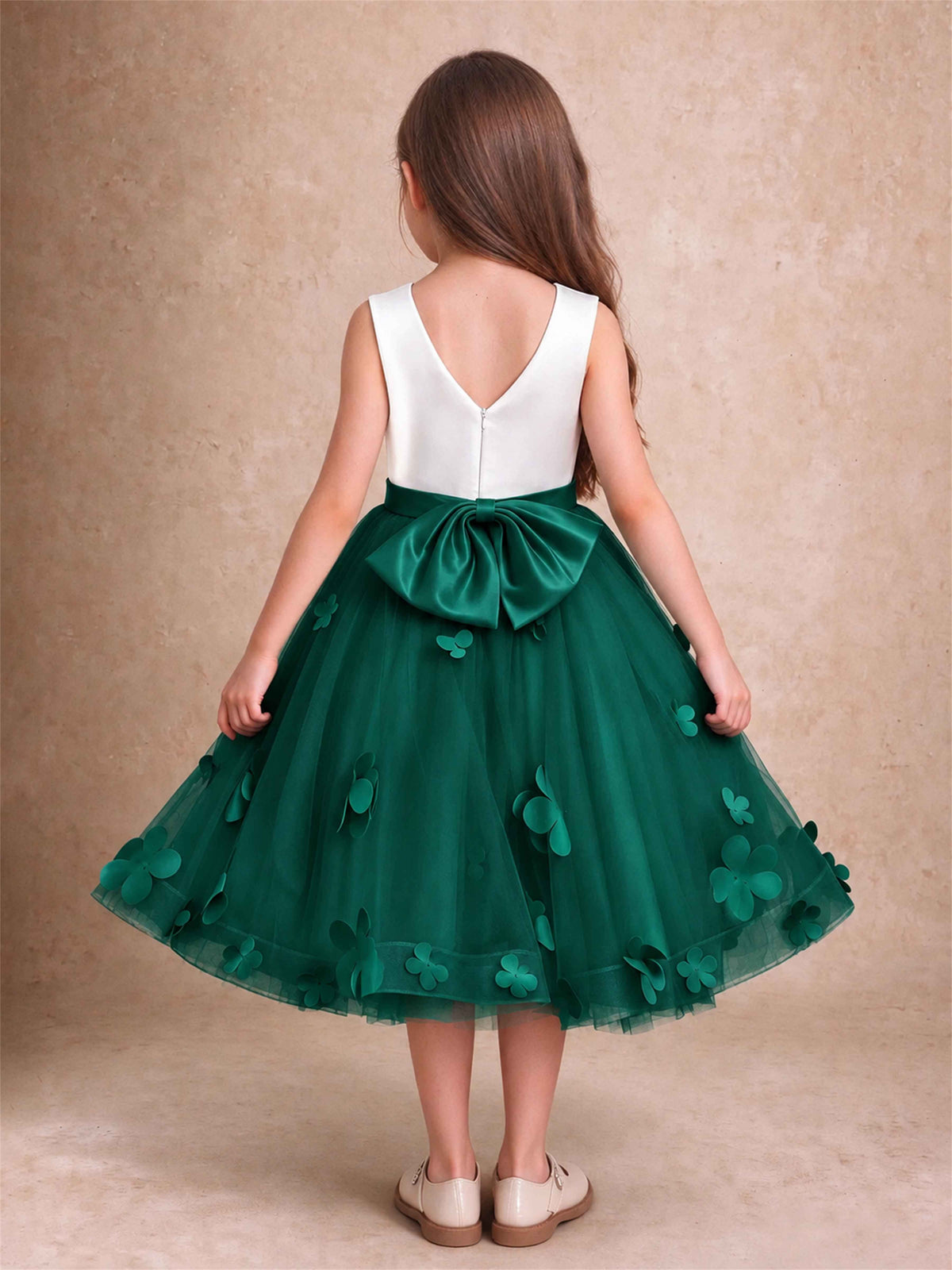 3D Floral Tulle Flower Girl Dress Sleeveless Satin Bow Back Wedding Guest Party Dress