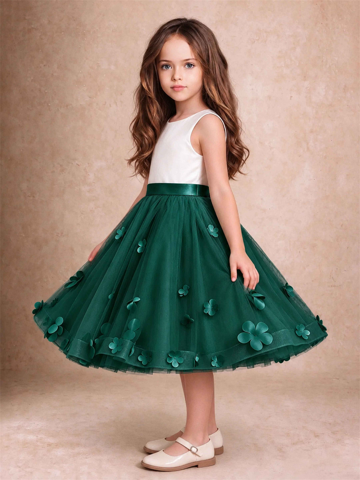 3D Floral Tulle Flower Girl Dress Sleeveless Satin Bow Back Wedding Guest Party Dress
