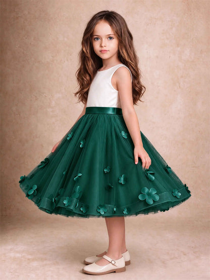 3D Floral Tulle Flower Girl Dress Sleeveless Satin Bow Back Wedding Guest Party Dress