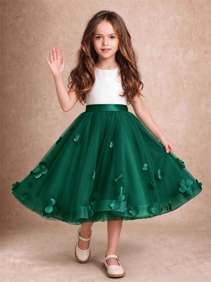 3D Floral Tulle Flower Girl Dress Sleeveless Satin Bow Back Wedding Guest Party Dress