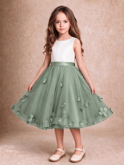 3D Floral Tulle Flower Girl Dress Sleeveless Satin Bow Back Wedding Guest Party Dress