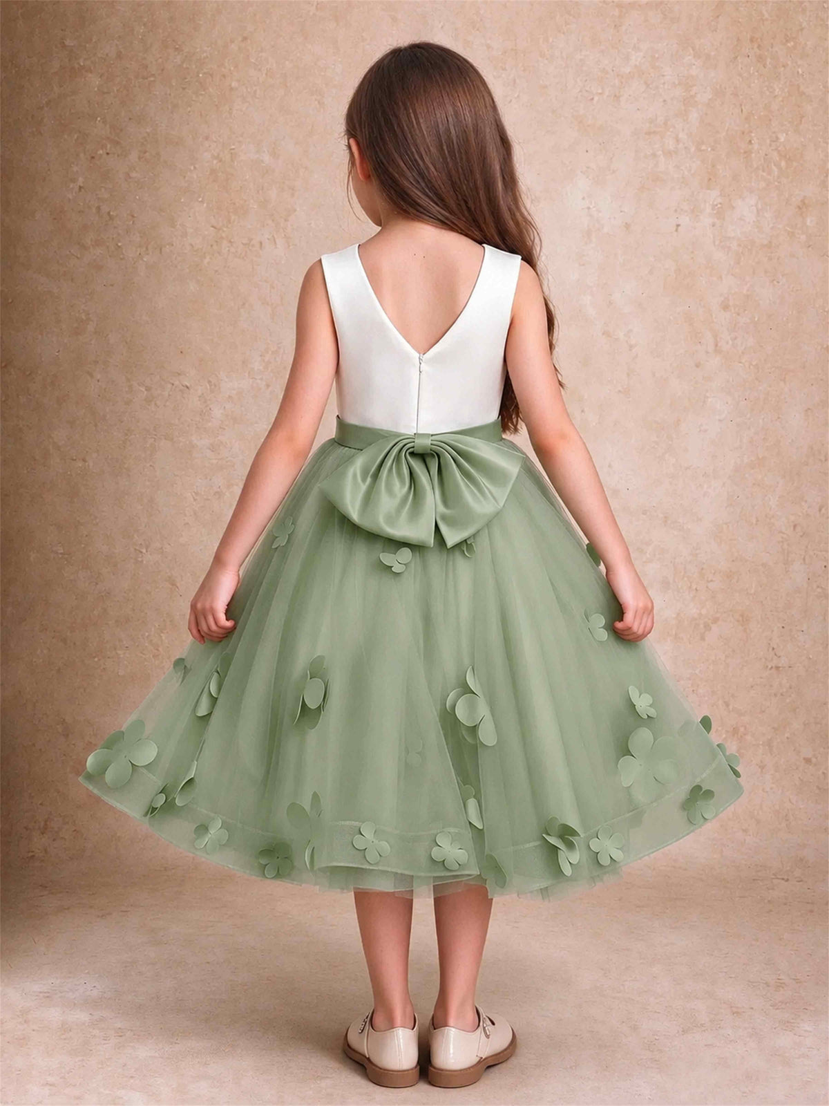 3D Floral Tulle Flower Girl Dress Sleeveless Satin Bow Back Wedding Guest Party Dress
