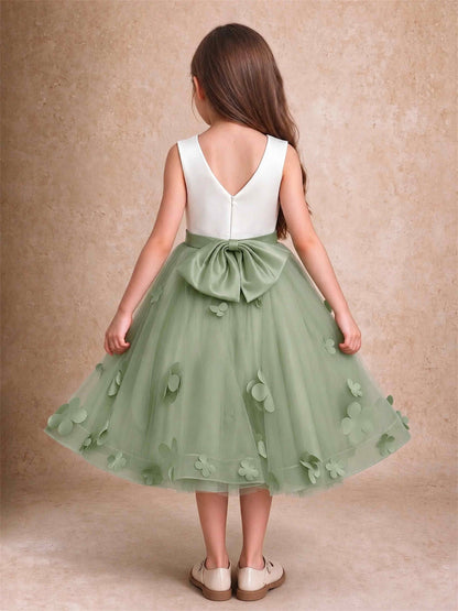 3D Floral Tulle Flower Girl Dress Sleeveless Satin Bow Back Wedding Guest Party Dress
