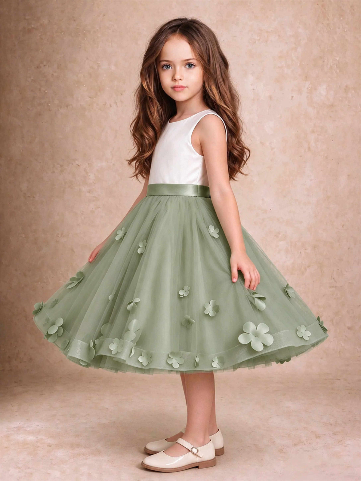 3D Floral Tulle Flower Girl Dress Sleeveless Satin Bow Back Wedding Guest Party Dress