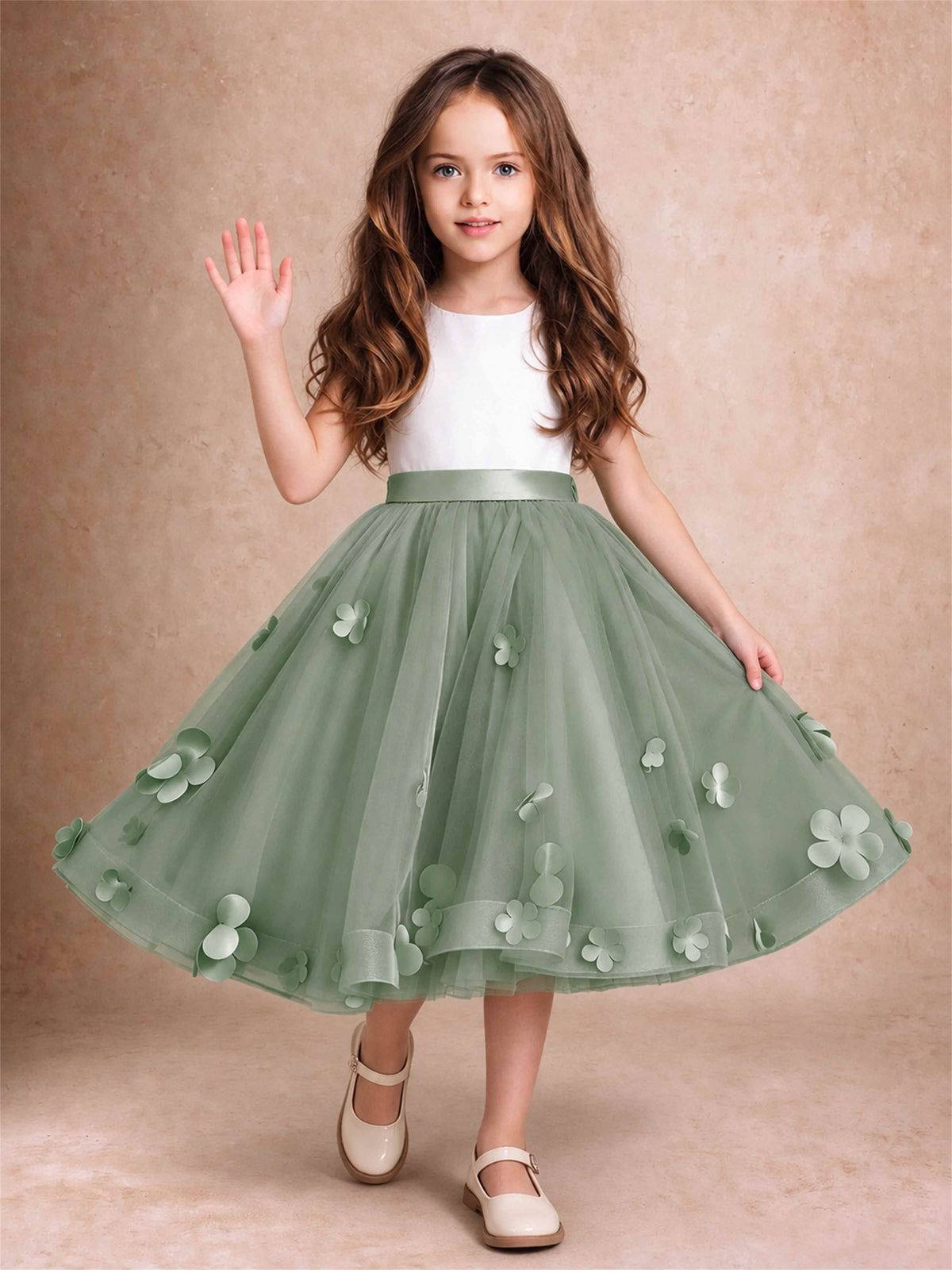 3D Floral Tulle Flower Girl Dress Sleeveless Satin Bow Back Wedding Guest Party Dress