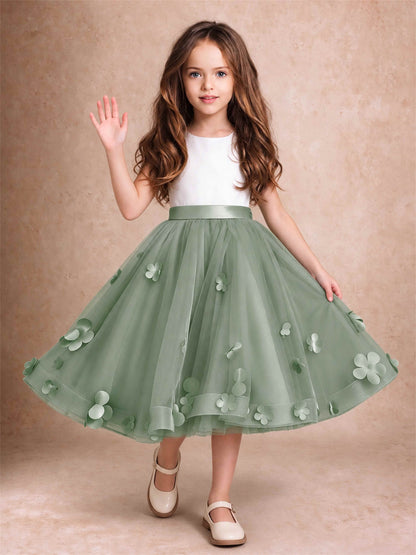 3D Floral Tulle Flower Girl Dress Sleeveless Satin Bow Back Wedding Guest Party Dress