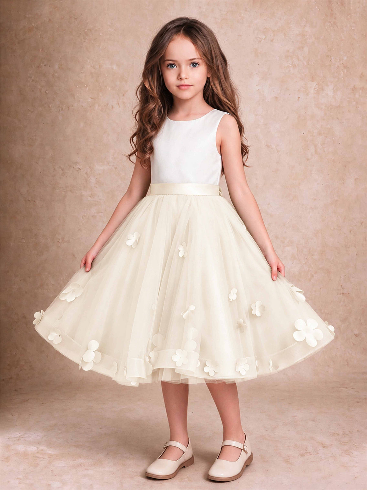 3D Floral Tulle Flower Girl Dress Sleeveless Satin Bow Back Wedding Guest Party Dress