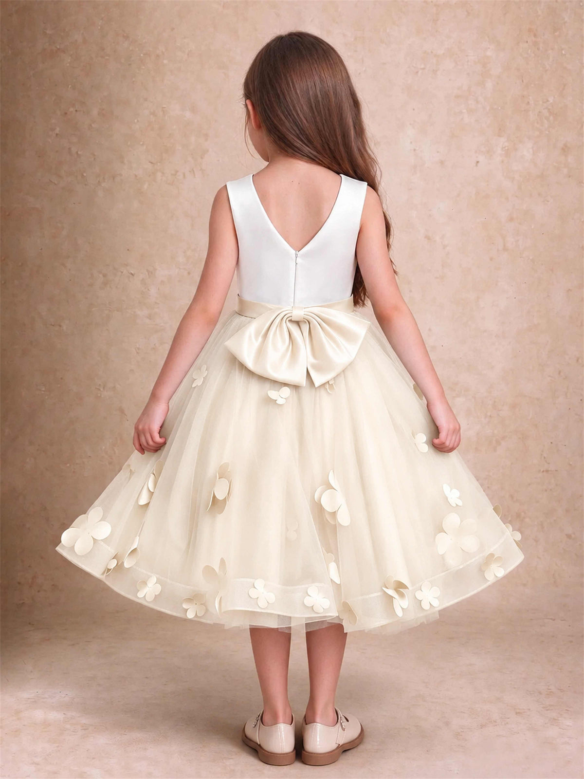3D Floral Tulle Flower Girl Dress Sleeveless Satin Bow Back Wedding Guest Party Dress