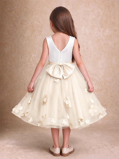3D Floral Tulle Flower Girl Dress Sleeveless Satin Bow Back Wedding Guest Party Dress