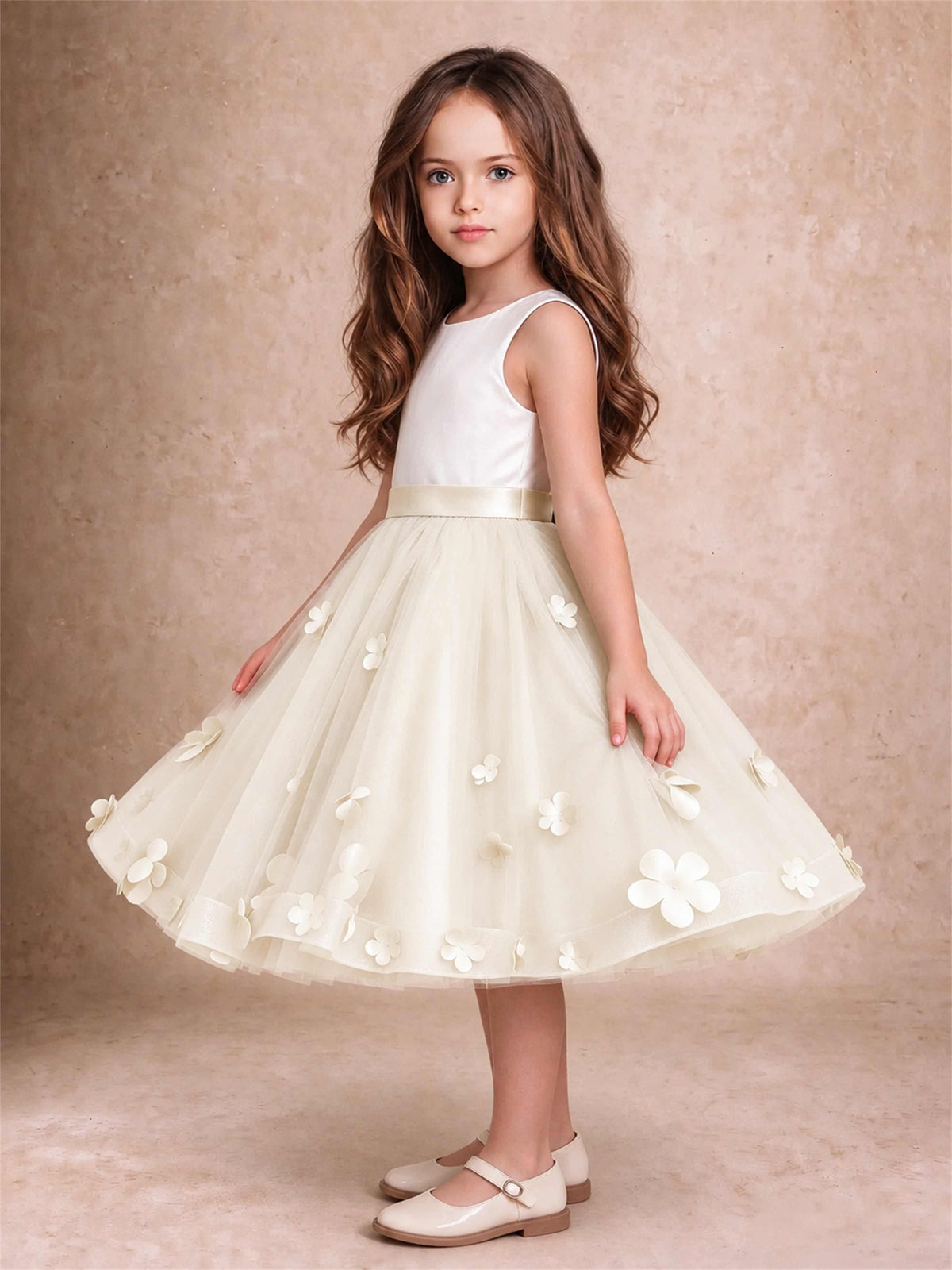 3D Floral Tulle Flower Girl Dress Sleeveless Satin Bow Back Wedding Guest Party Dress