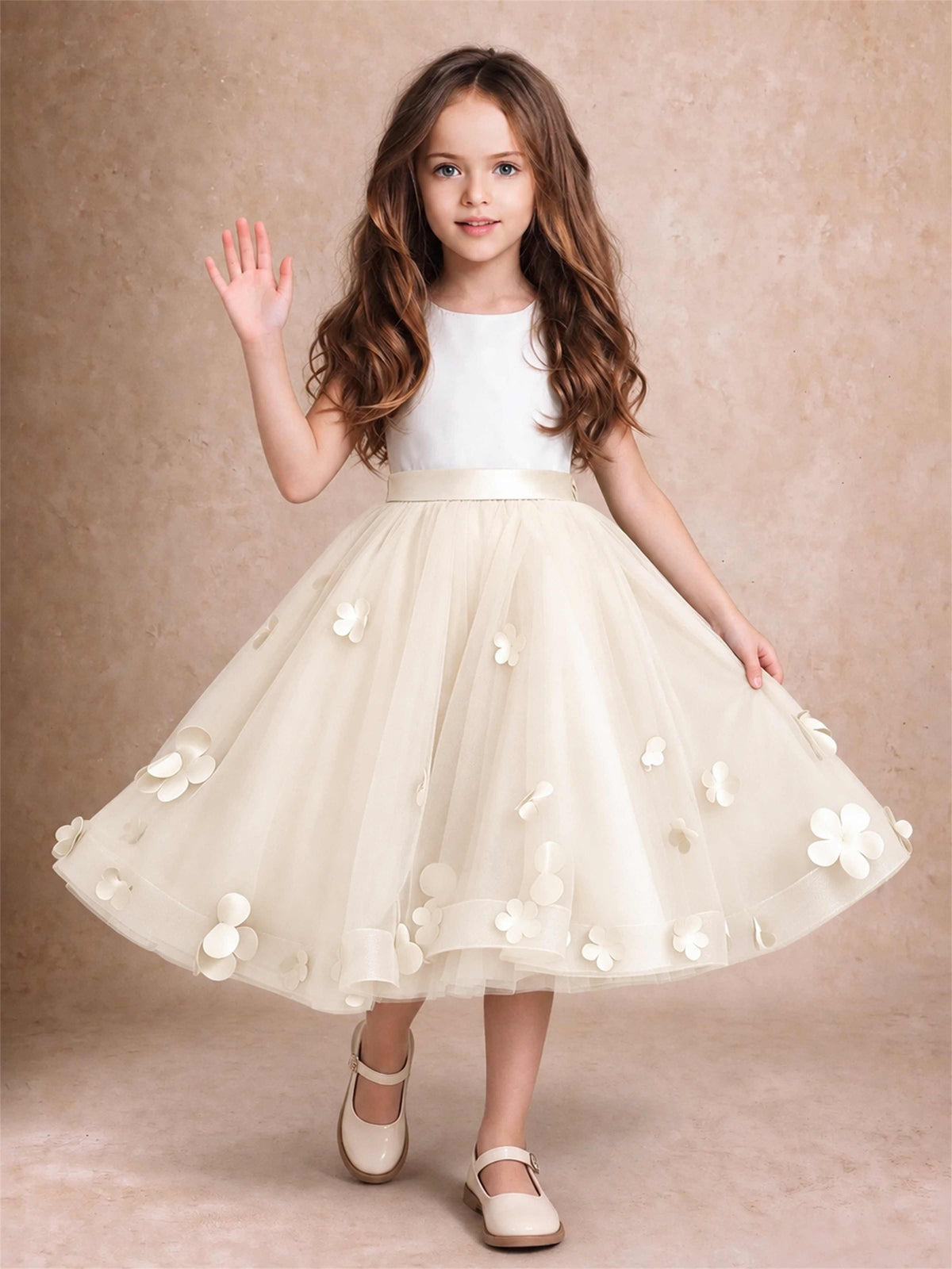 3D Floral Tulle Flower Girl Dress Sleeveless Satin Bow Back Wedding Guest Party Dress