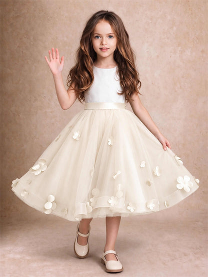 3D Floral Tulle Flower Girl Dress Sleeveless Satin Bow Back Wedding Guest Party Dress
