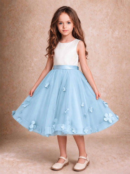 3D Floral Tulle Flower Girl Dress Sleeveless Satin Bow Back Wedding Guest Party Dress