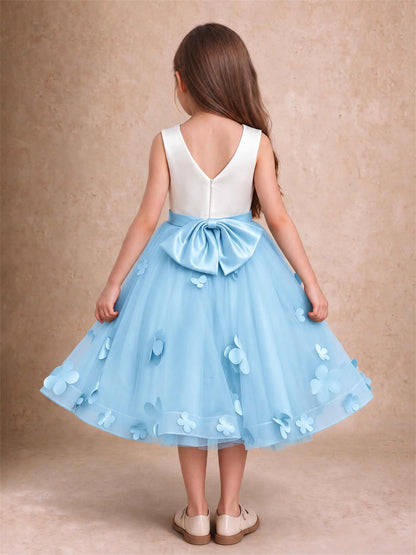 3D Floral Tulle Flower Girl Dress Sleeveless Satin Bow Back Wedding Guest Party Dress