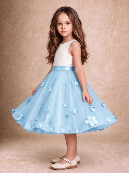 3D Floral Tulle Flower Girl Dress Sleeveless Satin Bow Back Wedding Guest Party Dress