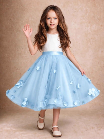3D Floral Tulle Flower Girl Dress Sleeveless Satin Bow Back Wedding Guest Party Dress