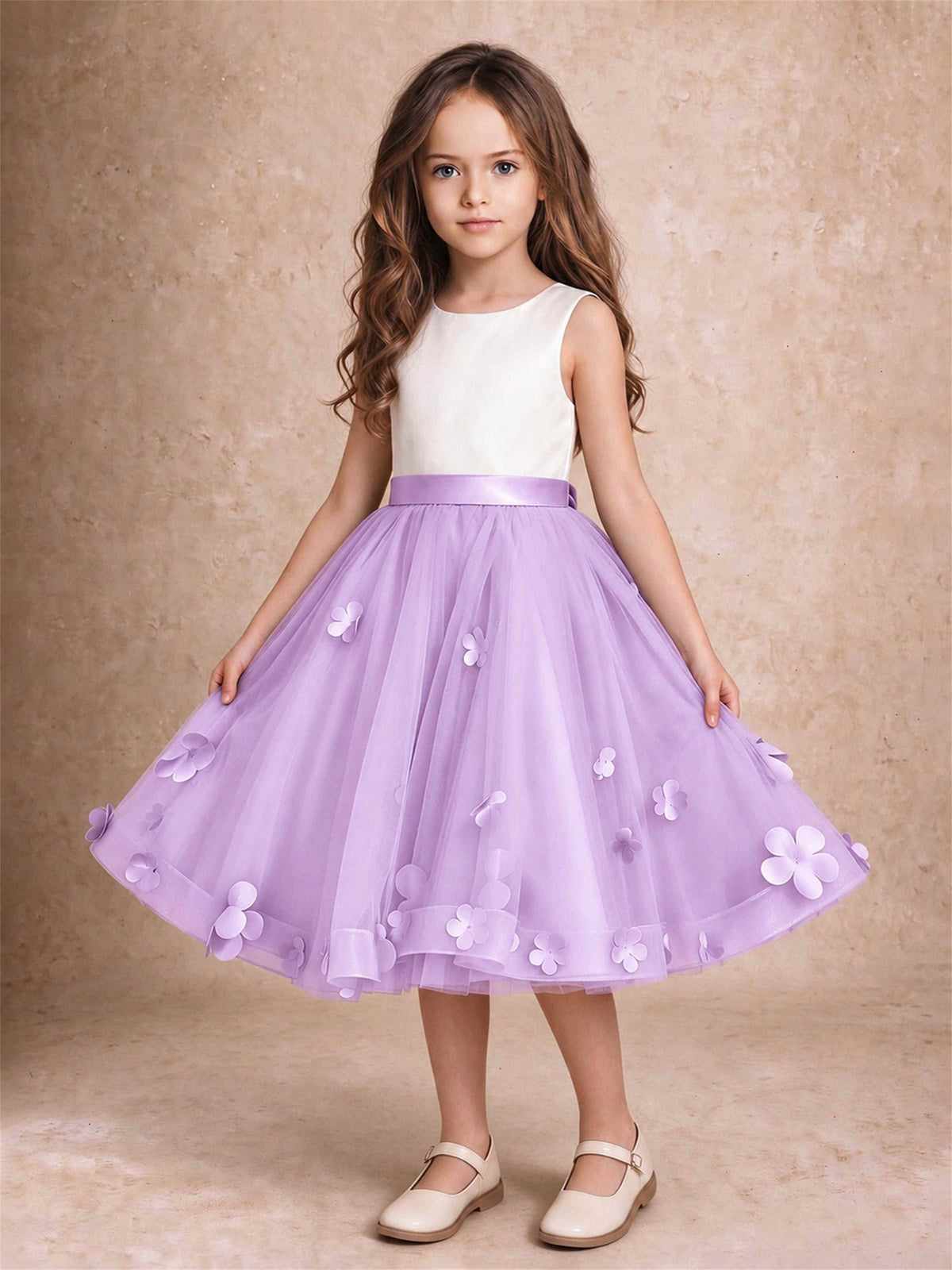 3D Floral Tulle Flower Girl Dress Sleeveless Satin Bow Back Wedding Guest Party Dress