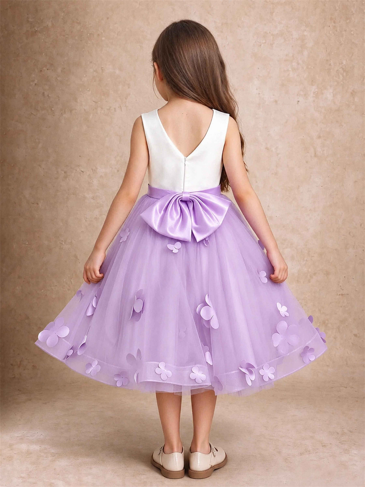 3D Floral Tulle Flower Girl Dress Sleeveless Satin Bow Back Wedding Guest Party Dress