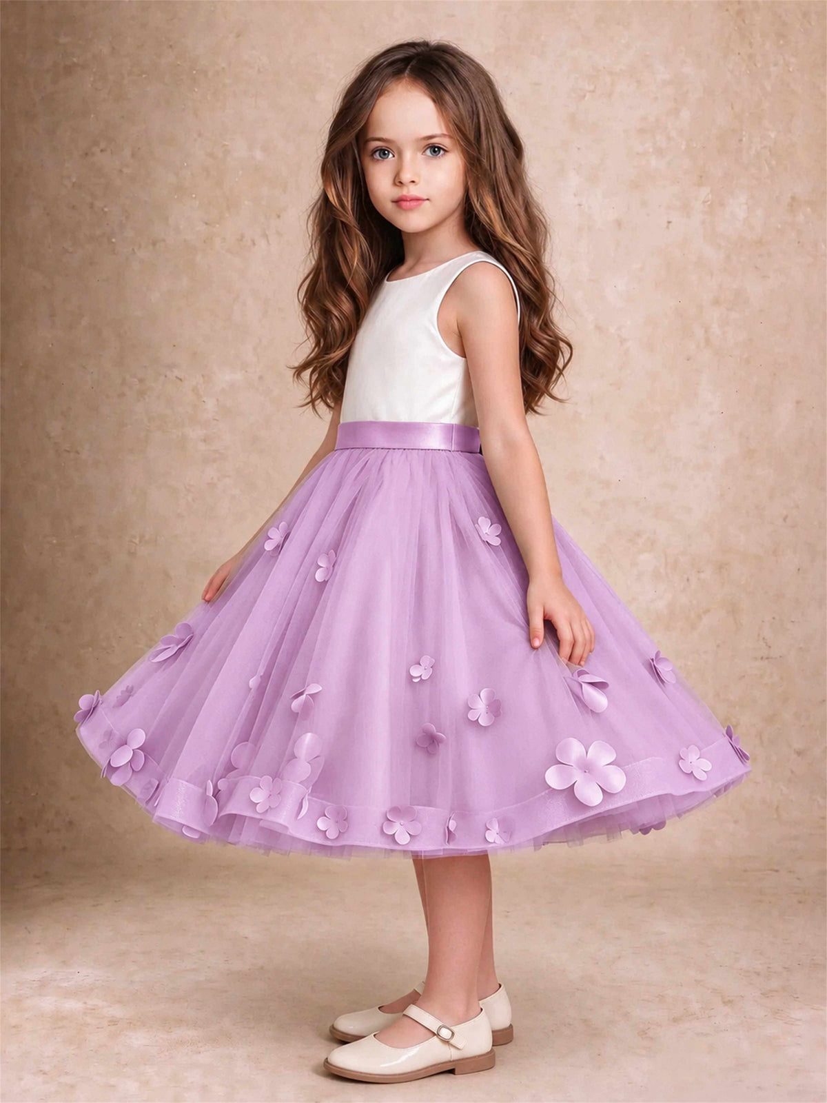 3D Floral Tulle Flower Girl Dress Sleeveless Satin Bow Back Wedding Guest Party Dress