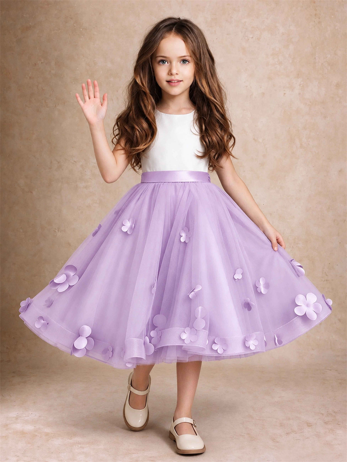 3D Floral Tulle Flower Girl Dress Sleeveless Satin Bow Back Wedding Guest Party Dress