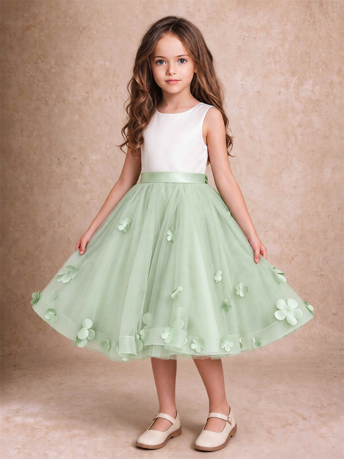 3D Floral Tulle Flower Girl Dress Sleeveless Satin Bow Back Wedding Guest Party Dress