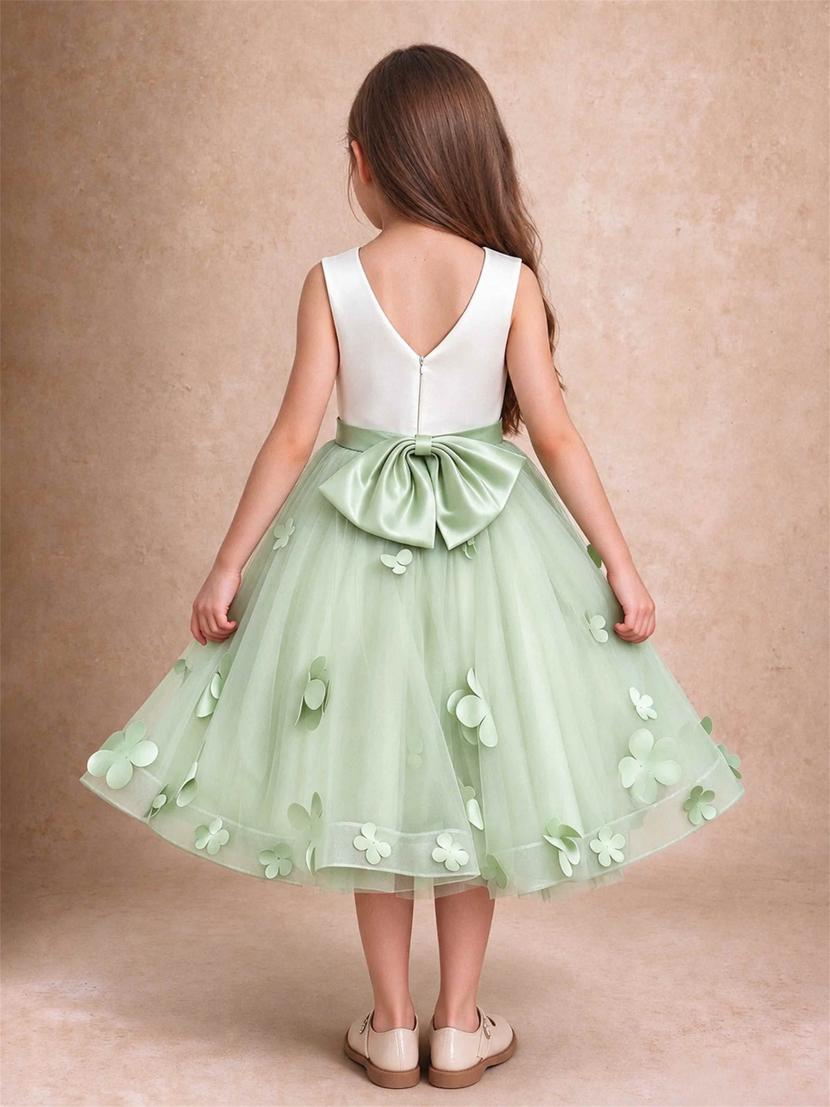 3D Floral Tulle Flower Girl Dress Sleeveless Satin Bow Back Wedding Guest Party Dress