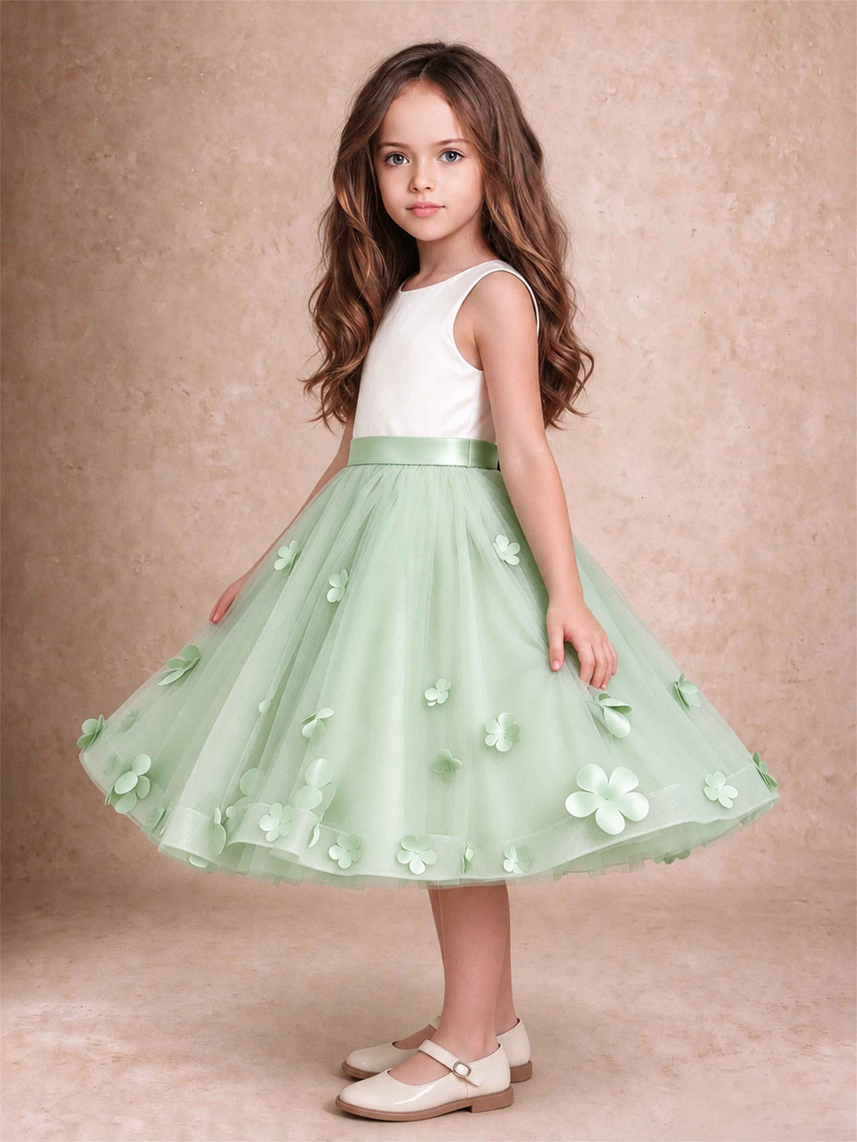 3D Floral Tulle Flower Girl Dress Sleeveless Satin Bow Back Wedding Guest Party Dress