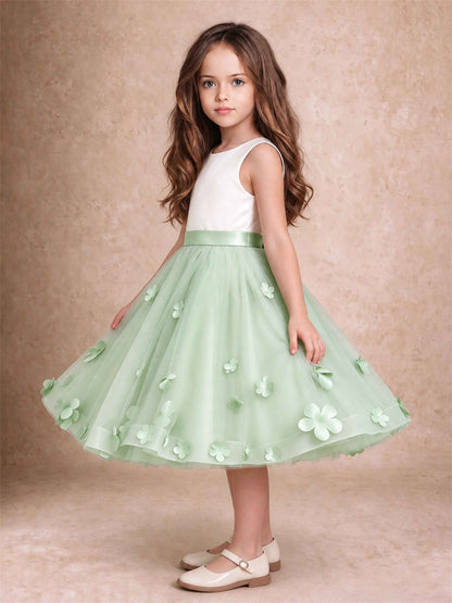 3D Floral Tulle Flower Girl Dress Sleeveless Satin Bow Back Wedding Guest Party Dress