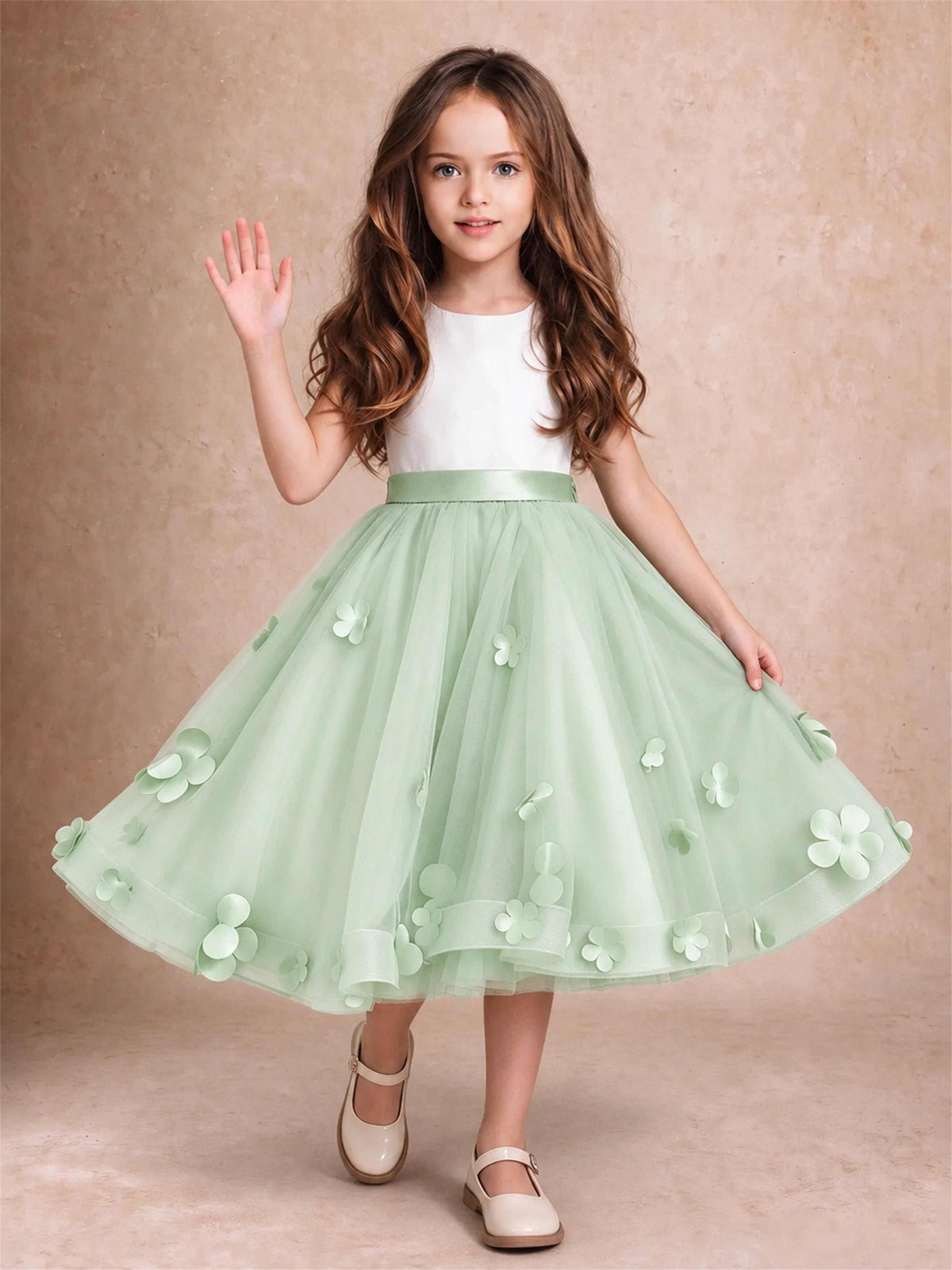 3D Floral Tulle Flower Girl Dress Sleeveless Satin Bow Back Wedding Guest Party Dress