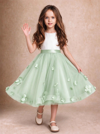 3D Floral Tulle Flower Girl Dress Sleeveless Satin Bow Back Wedding Guest Party Dress