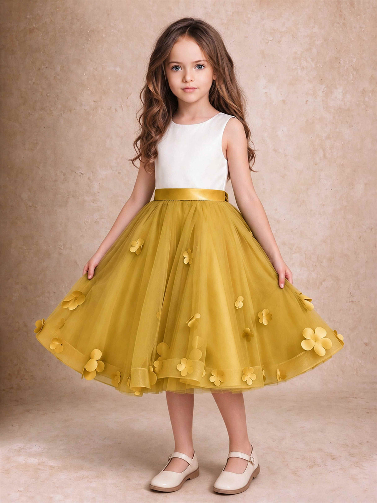 3D Floral Tulle Flower Girl Dress Sleeveless Satin Bow Back Wedding Guest Party Dress