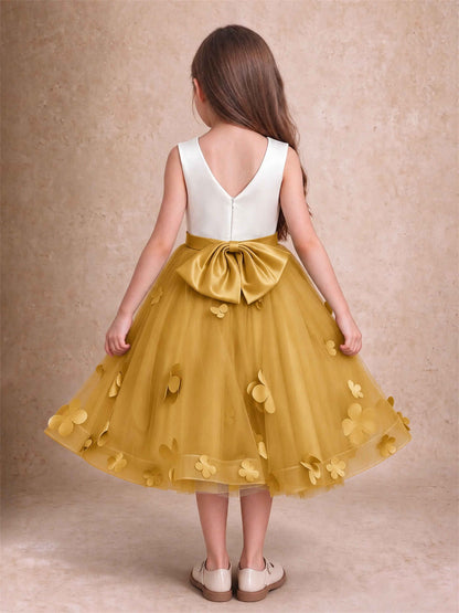 3D Floral Tulle Flower Girl Dress Sleeveless Satin Bow Back Wedding Guest Party Dress