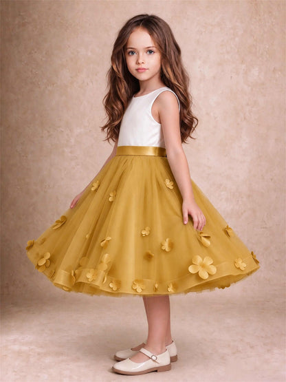 3D Floral Tulle Flower Girl Dress Sleeveless Satin Bow Back Wedding Guest Party Dress