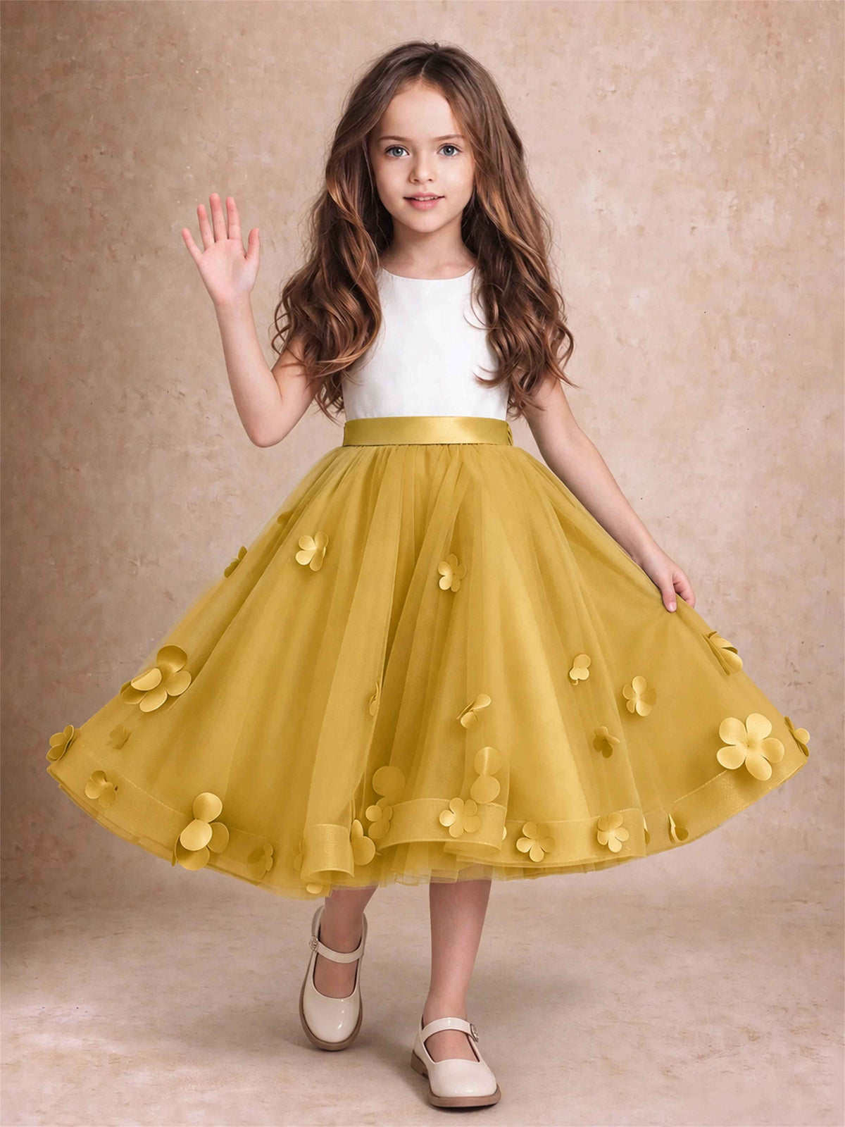 3D Floral Tulle Flower Girl Dress Sleeveless Satin Bow Back Wedding Guest Party Dress