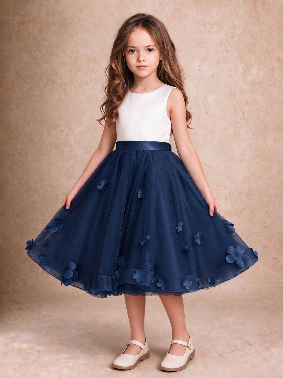 3D Floral Tulle Flower Girl Dress Sleeveless Satin Bow Back Wedding Guest Party Dress