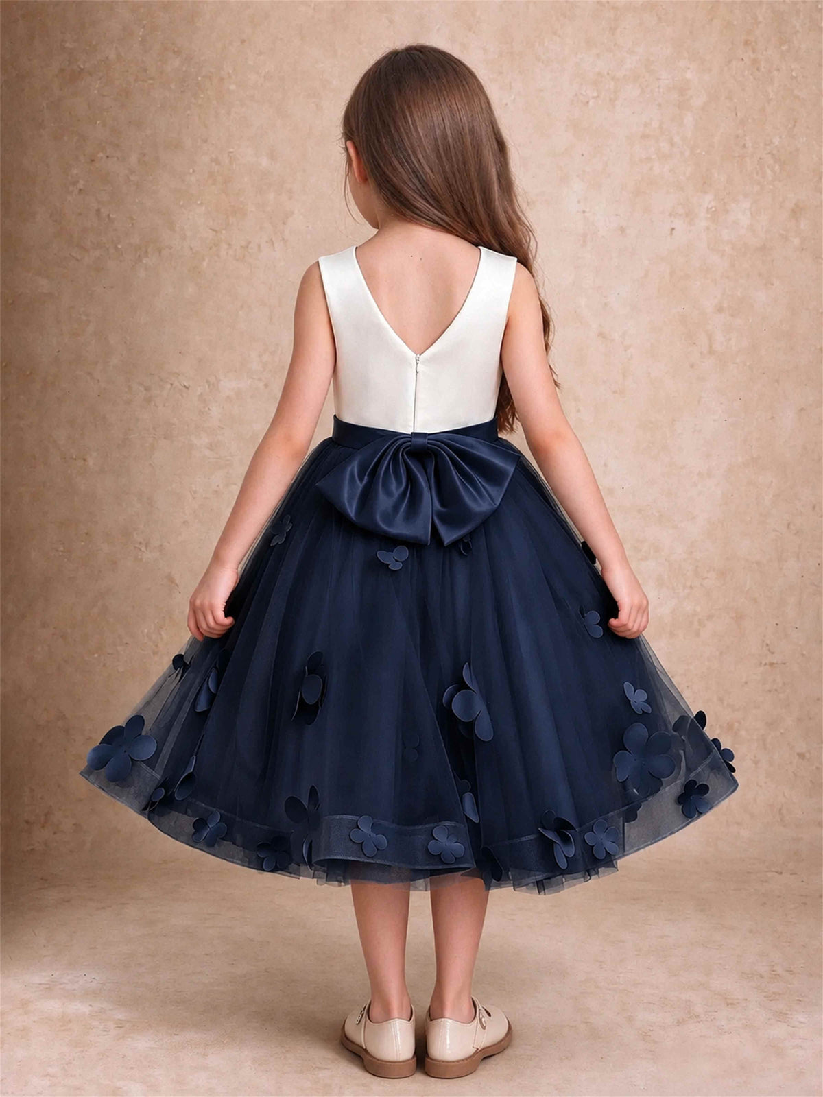 3D Floral Tulle Flower Girl Dress Sleeveless Satin Bow Back Wedding Guest Party Dress