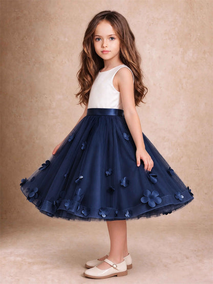 3D Floral Tulle Flower Girl Dress Sleeveless Satin Bow Back Wedding Guest Party Dress