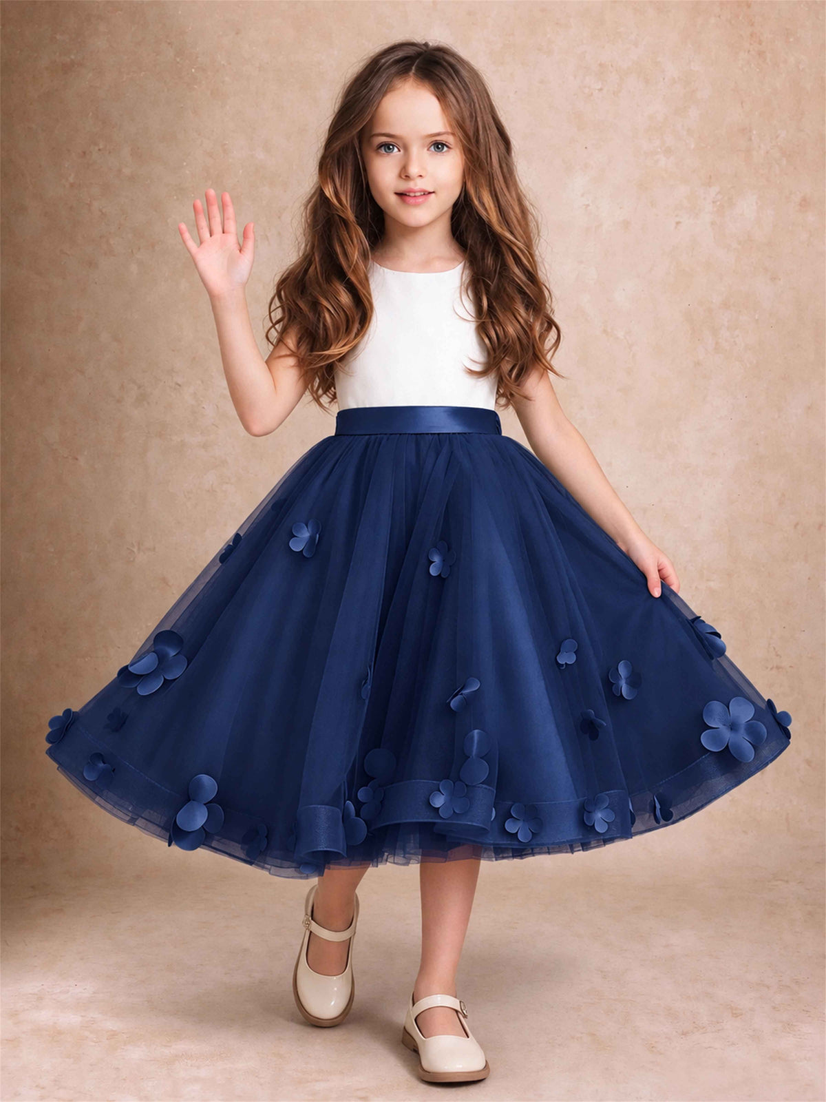 3D Floral Tulle Flower Girl Dress Sleeveless Satin Bow Back Wedding Guest Party Dress